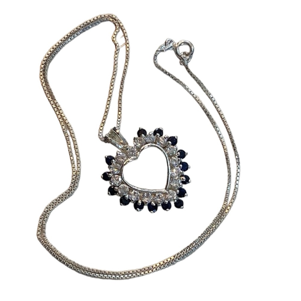 925 Sterling Silver heart shape diamonique and sapphire pendant, 18” box chain